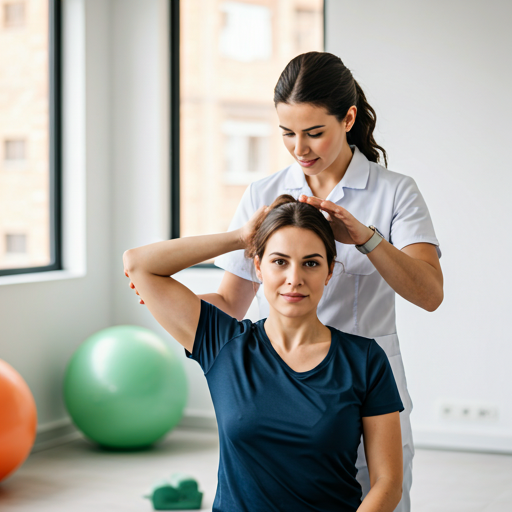 Physical therapist guiding a patient through a neck and shoulder stretch
